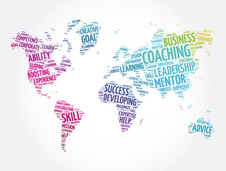 Obraz na płótnie Canvas Coaching word cloud in shape of world map, business concept background