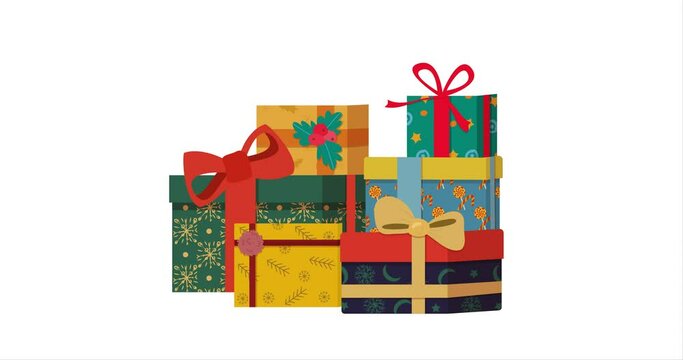 Animation of falling beautiful holiday gift boxes for birthday, christmas and new year, into pile and disappearing