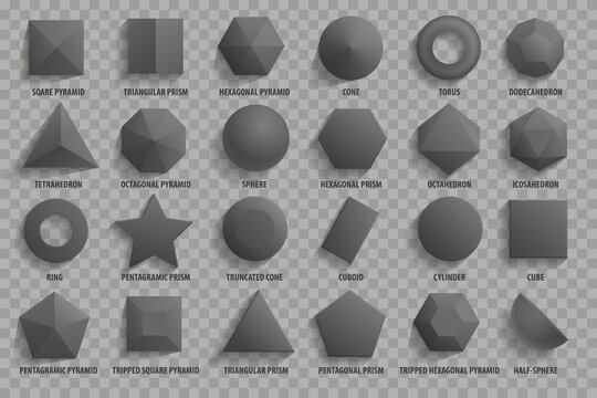 Vector set. Top view realistic math basic 3d shapes. Three dimensional geometric figures. Geometric shape figure form illustration.