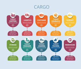 Infographic Cargo template. Icons in different colors. Include Cargo Shipping, Logistics, Container, Cargo Insurance and others.
