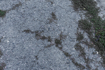 Damaged road, cracked asphalt sword with potholes and spots, Ukraine. Very bad asphalt road with large holes. Terrible technology construction roads. Numerous dangerous failures. Bad road