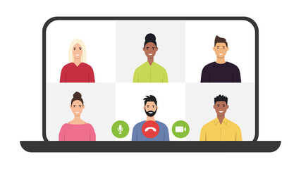 Video conferencing. Video call. Online communication and remote project management during quarantine. Vector illustration. Flat style.
