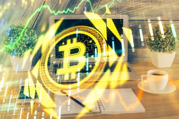Multi exposure of blockchain theme hologram and table with computer background. Concept of bitcoin...