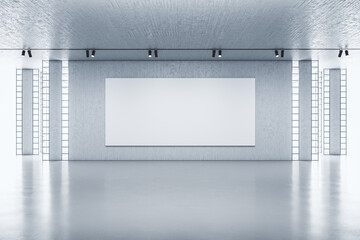 Contemporary exhibition interior with ceiling point light and empty poster