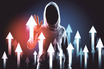 Hacker in hoodie using abstract digital arrow interface
