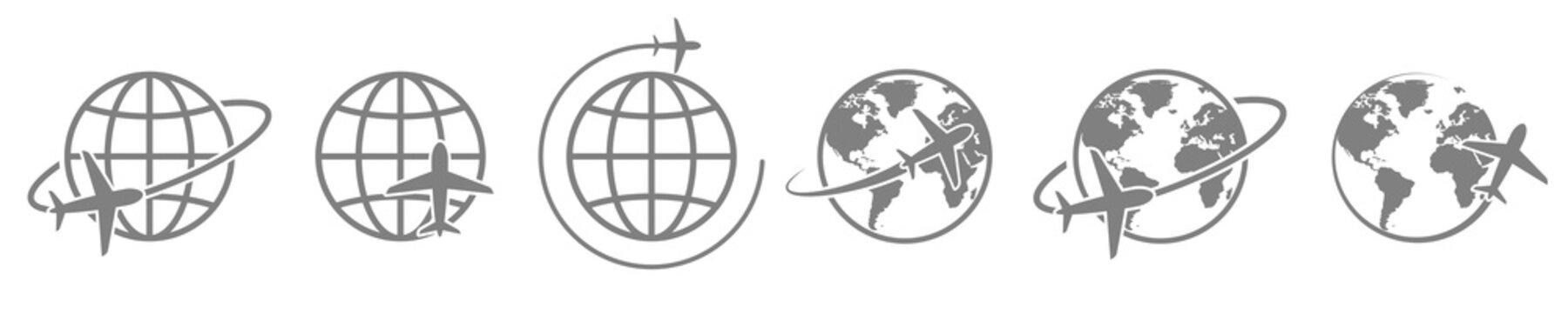 globe plane icon vector. airplane fly around the earth. international world fly sign symbol. isolated logo on white background. jet aircraft map global passenger cargo logistic concept