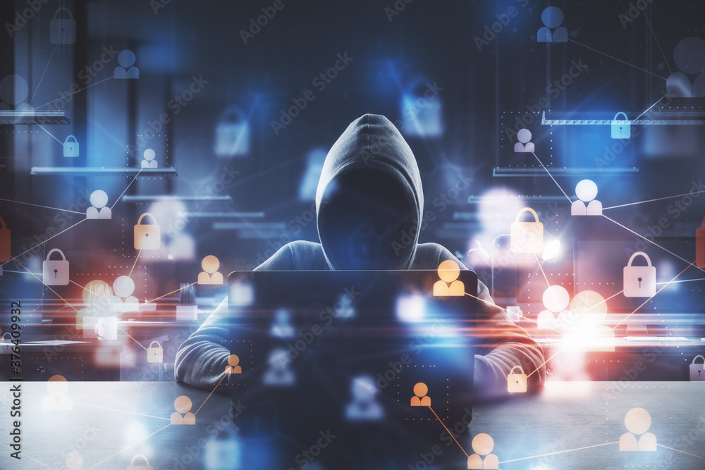 Poster Hacker using laptop with abstract padlock network hologram