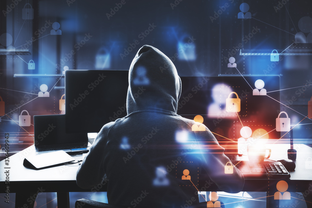 Fototapete Cyber attack in process with hacker using laptop and computer