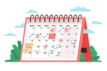 Calendar time management concept. Vector conceptual illustration of a big desk calendar showing monthly schedule with notes and check marks. Concept of time management, monthly schedule, timetable - obrazy, fototapety, plakaty