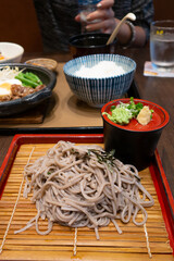 Japanese noodle zaru soba on bamboo plate