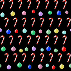 Delicious and colorful. Pattern candy cane and balls ornaments. Christmas decorations. Candies on black background. Seamless pattern winter illustration