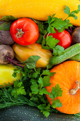 Harvest of autumn vegetables. Vegan food. Vertical photo. View from above.