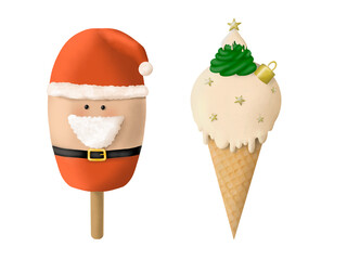 Winter characters isolated on white. Santa Claus popsicle. Bearded Santa with red hat and christmas tree. Merry christmas concept. Waffle cone christmas themed ice cream