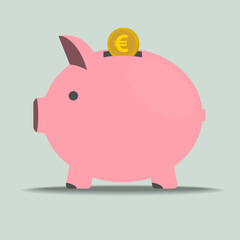 pink piggy bank with euro coin vector illustration, finance and savings concept