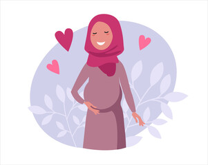 A poster with a beautiful Muslim pregnant woman. flat cartoon vector illustration.  A pregnant woman holds her hands on her stomach.  Happy mother is expecting a baby.
