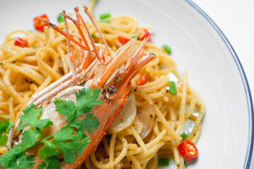 Close up king prawn spaghetti
