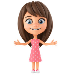 Character cartoon little girl hands to the sides. 3d render illustration.