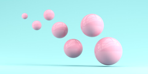 3d render illustration. Pink spheres of different sizes fly against a blue background. Illustration for advertising.