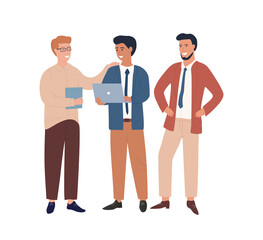 A group of three colleagues in suits discuss work together. Employees solve roject issues. Workflow. Managers perform tasks. Businessmen present a business plan. Colorful Flat Vector Illustration