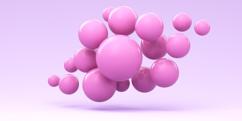 Many pink balloons flying on purple background. 3d render illustration. Illustration for advertising.