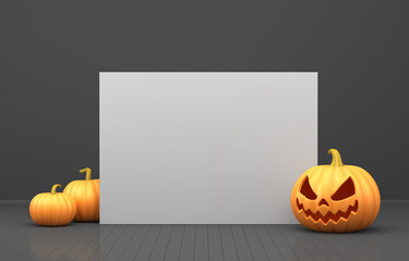 Halloween. 3D rendering illustration. Evil pumpkin in the black room near the white board. Illustration for advertising.