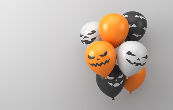 Halloween. Black, orange and white balloons on a white wall background. 3d render illustration. Illustrations for advertising.