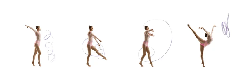 Foto op Plexiglas anti-reflex Practice. Little flexible girl isolated on white studio background. Little female rhythmic gymnastics artist in bright leotard. Grace in motion, action and sport. Doing exercises, collage with © master1305