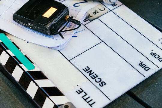 Film Slate, close up image of film production crew holding Film Slate on set