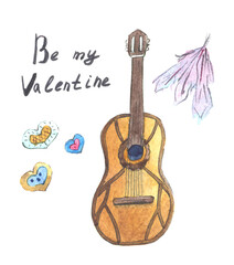 Guitar, hearts and feathers with the inscription be my Valentine. Hand drawn watercolor romantic illustration