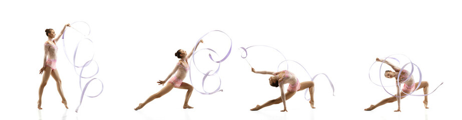 Dynamic. Little flexible girl isolated on white studio background. Little female rhythmic gymnastics artist in bright leotard. Grace in motion, action and sport. Doing exercises, collage with