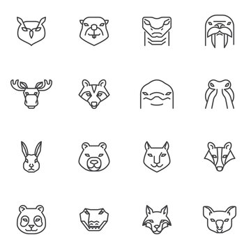 Zoo animal vector icons set, modern solid symbol collection, animal head filled style pictogram pack. Signs, logo illustration. Set includes icons as owl bird, racoon, snake, crocodile, koala, dolphin