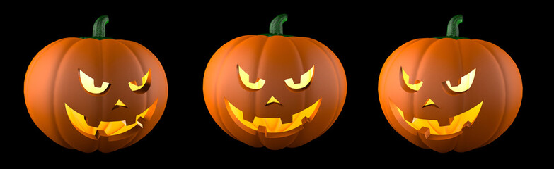Halloween Set. Pumpkin with an evil face. Isolated on black background. 3d render