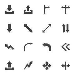 Basic arrows vector icons set, modern solid symbol collection, filled style pictogram pack. Signs, logo illustration. Set includes icons as download arrow, upload, up, down, left, right, curve