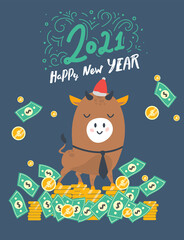 year of the bull with money. postcard. Year of the bull. 2021. Happy New Year. Funny bull character on a blue background. greeting card, poster, luck, financial year.