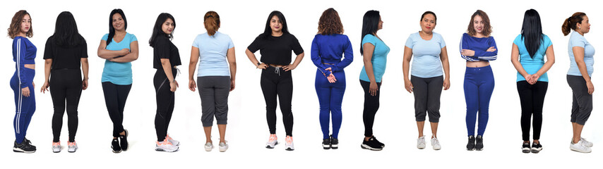 large group back, front and side view of Latin American women with sportswear on white background