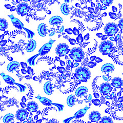 Vector illustration. Floral pattern with birds. Based on Russian folk decorative painting. Textile composition, template for design print, fabric, wallpaper and box.