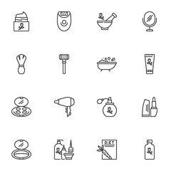 Cosmetics line icons set, outline vector symbol collection, linear style pictogram pack. Signs logo illustration. Set includes icons - shaving trimmer, mirror, skin care cream, makeup mirror, lipstick