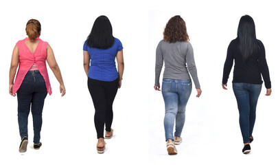 rear view of a group of latin american women walking on white background