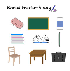 Set of teacher's day with green chalkboard,book,table,chair, eraser,eraser brush.