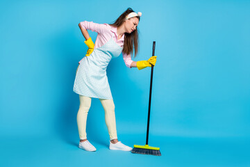 Full length body size view of her she nice attractive tired overworked girl maid messy hair...