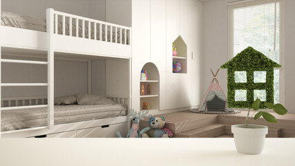 White table top or shelf with green plant in pot shaped like house, modern children bedroom with bunk bed, interior design, real estate, eco architecture concept idea