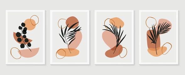 Botanical wall art vector set. Floral and Foliage line art drawing with  abstract shape.  Abstract Plant Art design for print, cover, wallpaper, Minimal and  natural wall art. Vector illustration.
