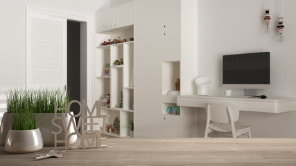 Wooden table, desk or shelf with potted grass plant, house keys and 3D letters making the word home sweet home, over modern children bedroom, interior design, blur background