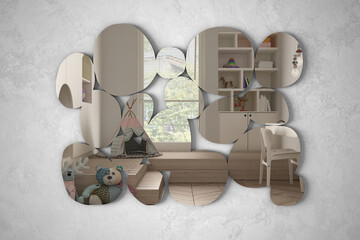 Modern mirror in the shape of pebbles hanging on the wall reflecting interior design scene,...