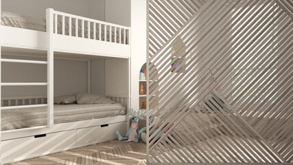 Wooden panel close-up, modern children bedroom with bunk bed, toys and puppets, herringbone parquet. Classic zen interior design concept idea, contemporary architecture template