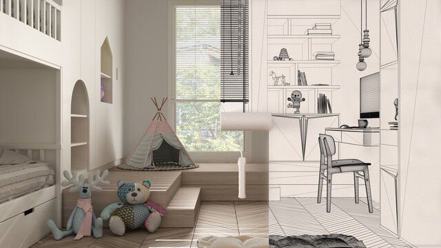 Paint roller painting interior design blueprint sketch background while the space becomes real showing child bedroom. Before and after concept, architect designer creative work flow