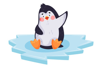 Cute Penguin Sitting on Ice Cake and Waving Wing Vector Illustration