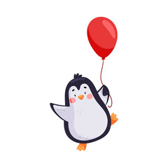 Adorable Penguin with Red Cheeks Holding Balloon Vector Illustration