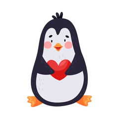 Adorable Penguin with Red Cheeks Holding Heart Vector Illustration