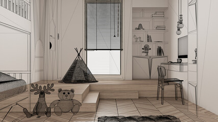 Empty white interior with white walls and herringbone parquet wooden floor, custom architecture design project, black ink sketch, blueprint showing children bedroom, architecture